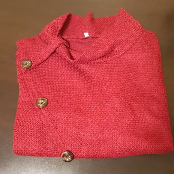 Deep Red Cowl Neck Asymmetrical Button Open Hemmed Sweater - Picture 2 of 9